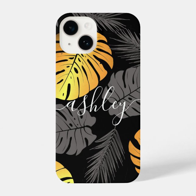 Coque iPhone Feuilles tropicaux d'or (Verso)