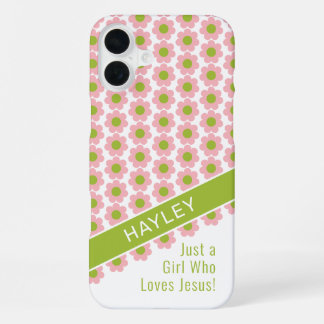 Coque iPhone 16 Plus Fille qui aime Jésus rose marguerite