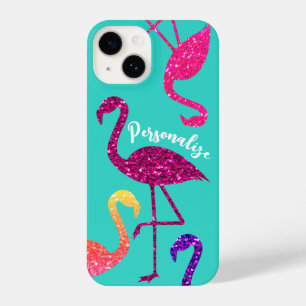Coque Pour iPhone 14 Flamant rose rose étincelle Personnaliser turquois