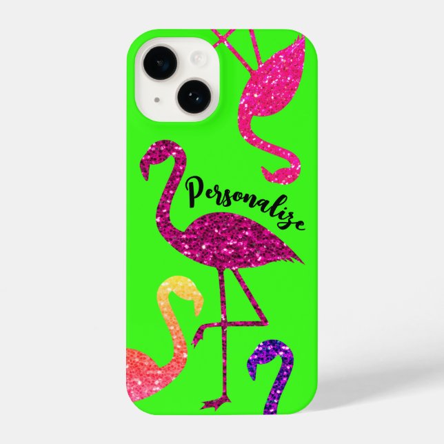 Coque iPhone Flamant rose rose étincelles Personnaliser le vert (Verso)