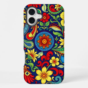 Coque iPhone 16 Plus Fleur de couleurs arc-en-ciel motif paisley