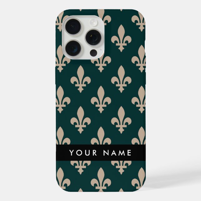 Coque iPhone Fleur de Lis, Beige on Green, Royal, Your Name (Verso)