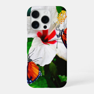 Coque iPhone 16 Pro Fleur d'Hibiscus avec 2 papillons à ailes longues