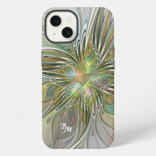 Etui iPhone 13 Fleur fractale de fantaisie florale avec initiales