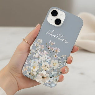 Coque Pour iPhone 14 Fleur sauvage bleu poussiéreux Personnalisée