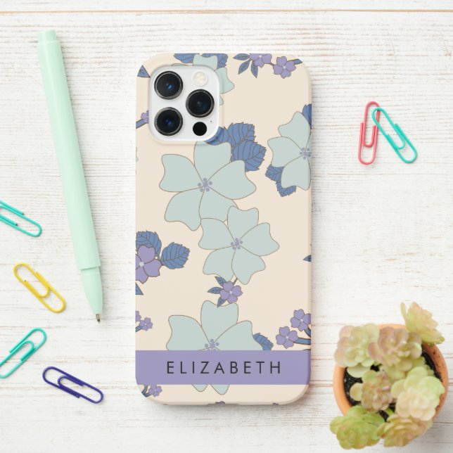 Coque iPhone Fleurs Bleues, Fleurs Violettes, Floral, Votre Nom (Sur le bureau)