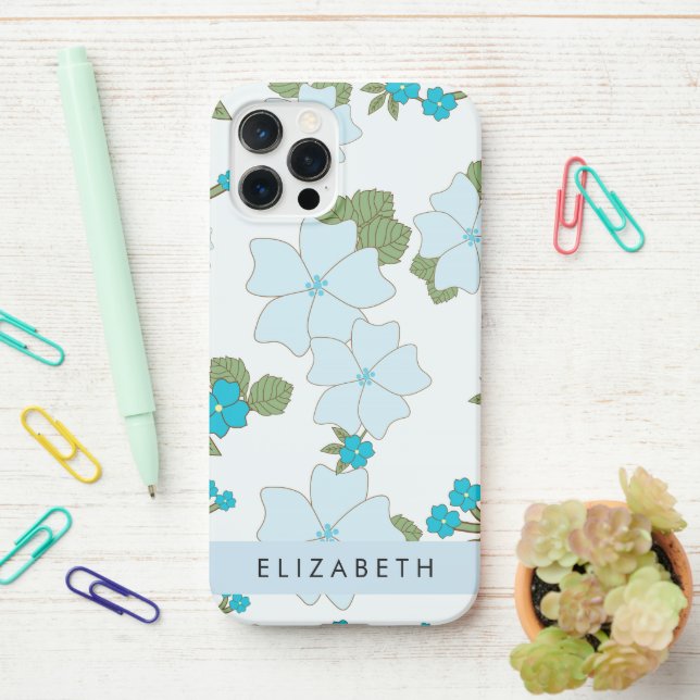 Coque iPhone Fleurs Bleues, Motif De Fleurs, Votre Nom (Sur le bureau)