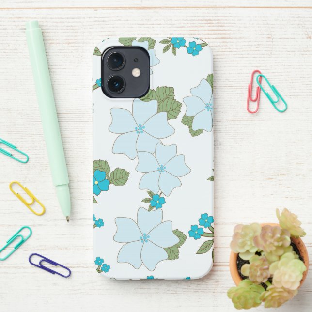 Coque iPhone Fleurs Bleues, Motif Floral, Motif De Fleurs (Sur le bureau)