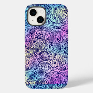 Coque Pour iPhone 14 Fleurs bleues paisley sur fond iridescent