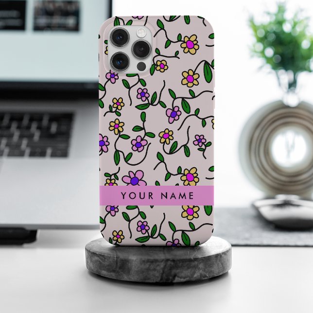 Coque iPhone Fleurs colorées, Arrière - plan rose, rose (Créateur téléchargé)