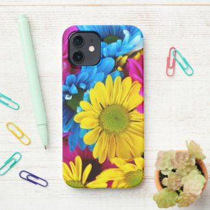 Coque iPhone 12 Fleurs colorées, marguerites - Rose Jaune Bleu