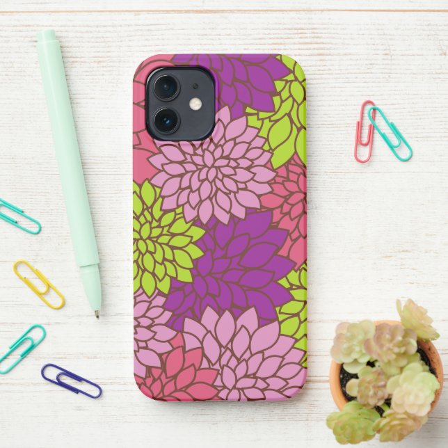 Coque iPhone Fleurs Dahlia, Fleurs Colorées, Motif Floral (Sur le bureau)