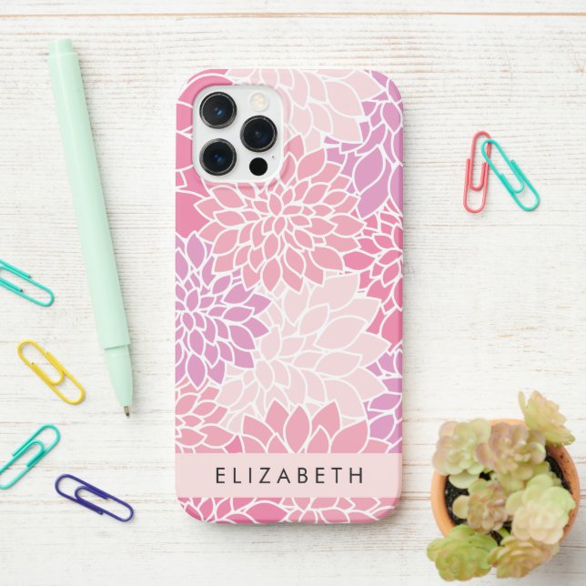 Coque iPhone Fleurs Dahlia Roses, Motif De Fleurs, Votre Nom (Sur le bureau)