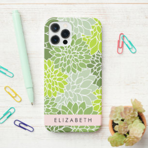 Coque iPhone 12 Pro Fleurs Dahlia Vertes, Motif Floral, Votre Nom