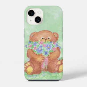 Coque Pour iPhone 14 Fleurs de bouquet d'ours en peluche mignon aquarel