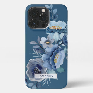 Etui iPhone 13 Pro Fleurs de marine   Nom personnalisé bleu