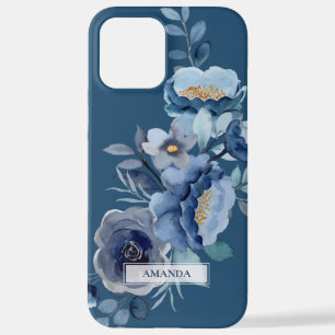 Coque iPhone 12 Pro Max Fleurs de marine Nom personnalisé bleu