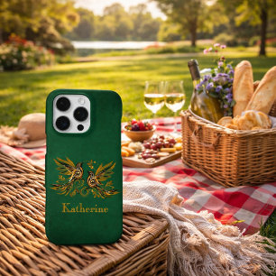 Coque iPhone 16 Pro Max Fleurs de Oiseaux Vintage Personnalisées Vert