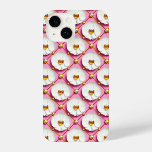 Coque Pour iPhone 14 Fleurs d'orchidée blanches sur fond rose avec or