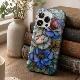 Coque iPhone 16 Pro Fleurs élégantes en verre coloré bleu et violet