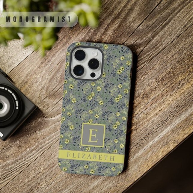 Coque iPhone Fleurs Jaunes Florales Gris Personnalisables (Customizable Grey Green Floral Yellow Flowers iPhone Case)