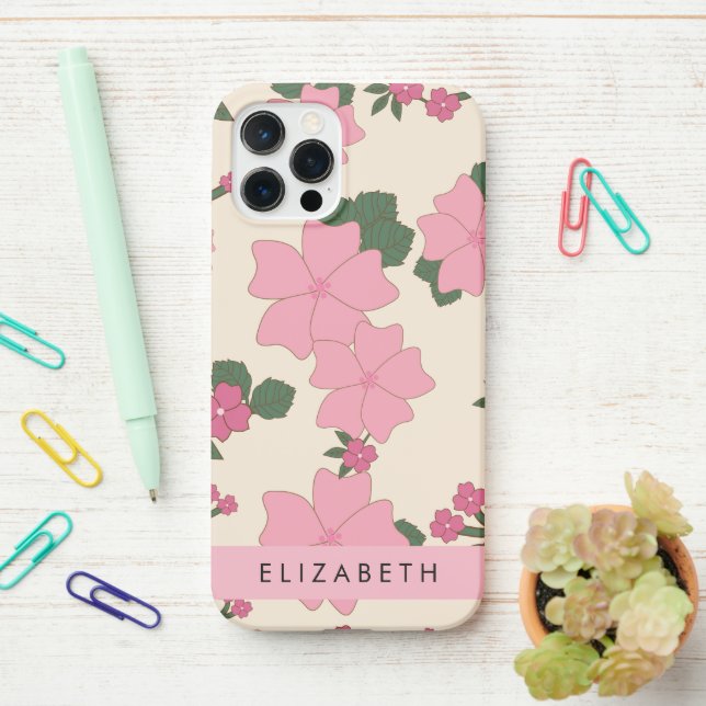 Coque iPhone Fleurs Roses, Motif De Fleurs, Votre Nom (Sur le bureau)