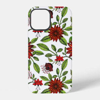 Coque iPhone 12 Fleurs rouges abstraites et feuilles verts sur fon