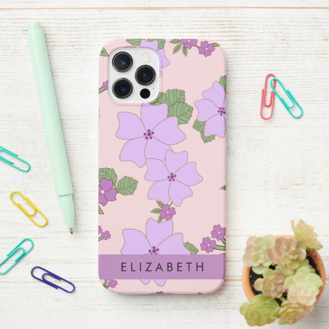 Coque iPhone Fleurs Violettes, Motif De Fleurs, Votre Nom (Sur le bureau)
