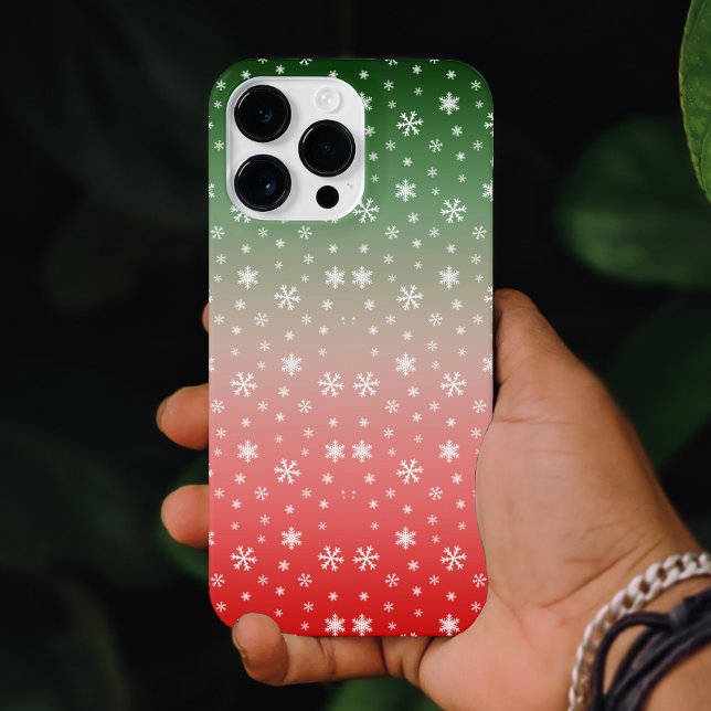 Coque iPhone Flocon de neige vert et rouge Ombre Noël (Snowflake Green & Red Ombre Christmas iPhone 14 Pro Max Case)