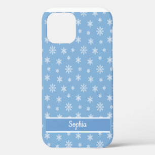 Coque iPhone 12 Flocons de neige motif bleu bébé nom personnalisé