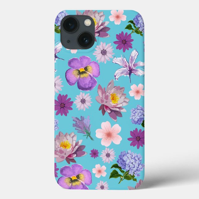 Coque iphone floral bleu et violet (Verso)