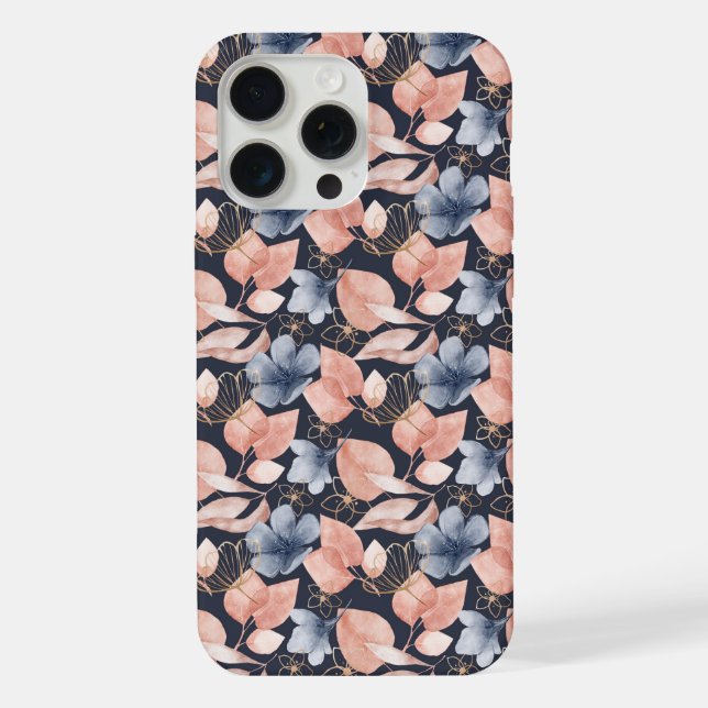 Coque iPhone Flore Bleue, Pêche & Or Art Botanique Élégant (Verso)