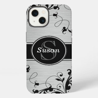 Etui iPhone 13 Flore noire argentée