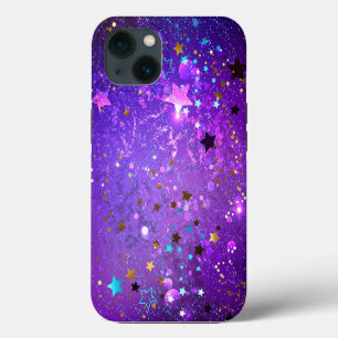 Etui iPhone 13 Fond de papier aluminium violet avec des étoiles