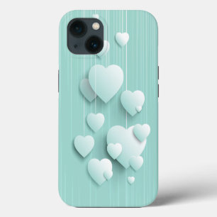 Etui iPhone 13 Fond vert clair avec des cœurs blancs en 3D