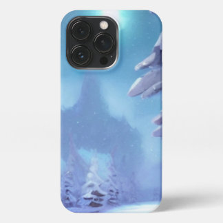Etui iPhone 13 Pro Forêt couverte de neige sous une lune d'hiver bril