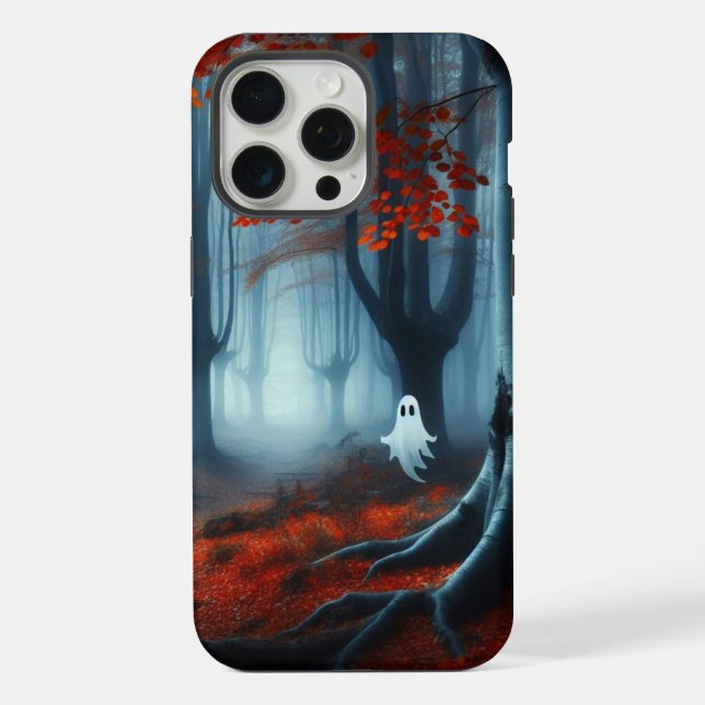 Coque iPhone Forêts éffrayantes d'automne avec un fantôme (Verso)