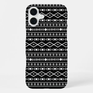 Coque iPhone 16 Plus Formes aztèques Motif blanc gris noir