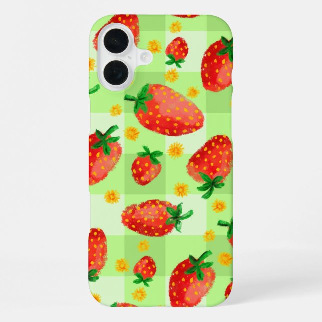 Coque iPhone Fraises et marguerites douces Aquarelle Plaid (Verso)