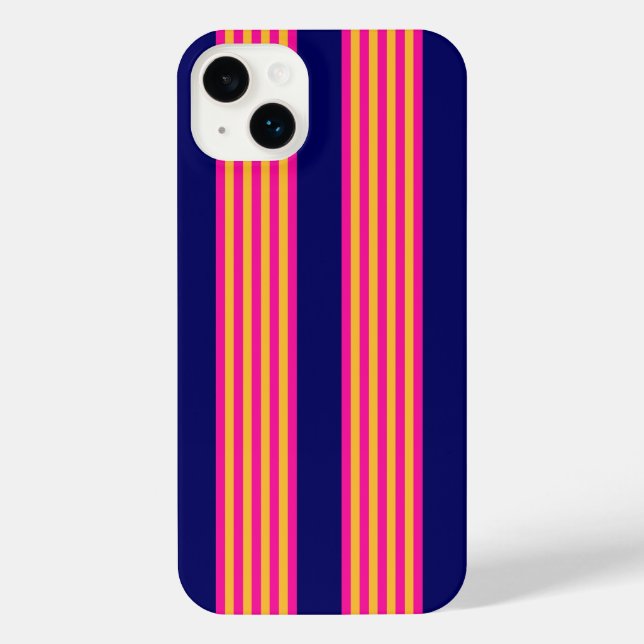 Coque iPhone Fuchsia et rayures jaunes avec bleu marine (Verso)