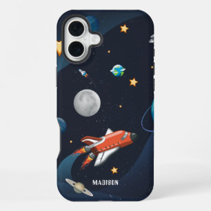 Coque iPhone 16 Plus Fusée de l'espace extérieur étoiles et lune person
