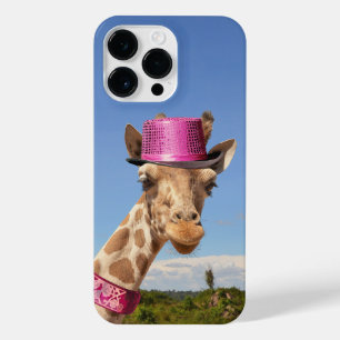 Coque Pour Pour iPhone 14 Pro Max Giraffe en casquette rose étincelant