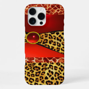 COQUE iPhone 16 PRO MAX GIRAFFE IMPRIMÉE PEAU DE LÉOPARD GEMME RUBIS ROUGE