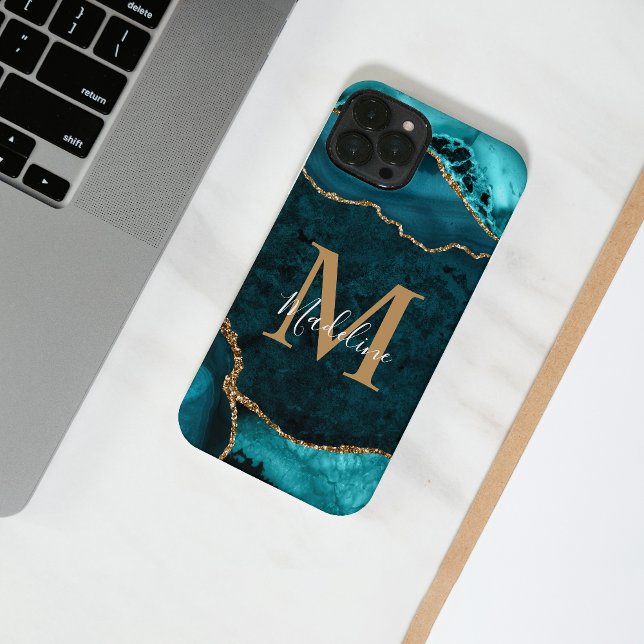Coque iPhone Girly Chic Turquoise Gold Agate Géode Monogramme (Créateur téléchargé)