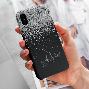 Etui iPhone 13 Glam Black Silver Parties scintillant Nom du monog