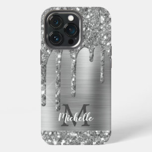 Etui iPhone 13 Pro Glam Chic Argent Paillettes Gouttes Monogramme Mét