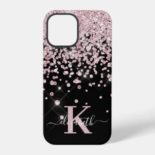 Coque iPhone 12 Pro Glam Rose noir or diamant Confetti Monogramme