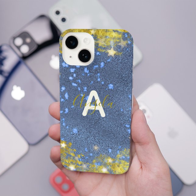 Coque iPhone Glitterie Stellaire Bleu Et Or Glam Moderne (Créateur téléchargé)