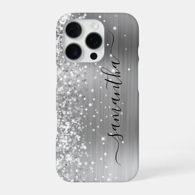 Coque iPhone Glittery Argent Metallic Girl Signature (Verso)