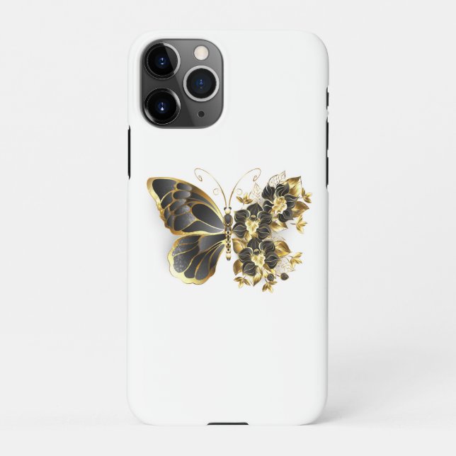 Coque iPhone Gold flower Butterfly with Black Orchid (Dos)